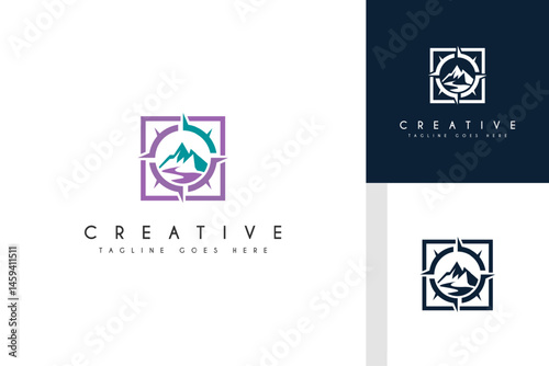 Minimalist compass logo featuring a mountain at its center, symbolizing exploration, direction, and adventure. Perfect for outdoor, travel, or nature