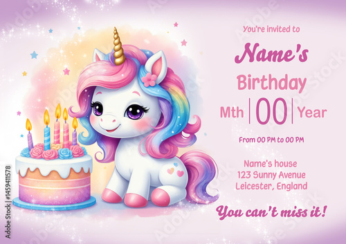 Postcard. Cute cartoon 3D unicorn character. Artificial intelligence. Funny illustration. 3D character. Unicorn birthday party