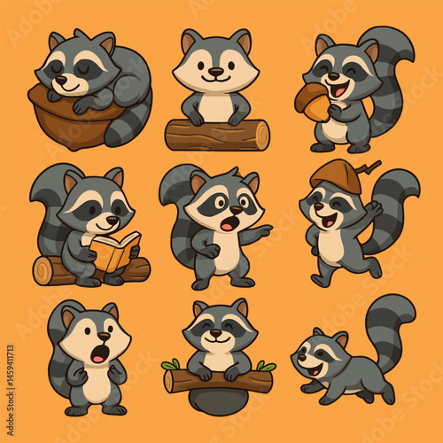 Cute Raccoon Cartoon Character Illustrations Set in Various Poses and Actions