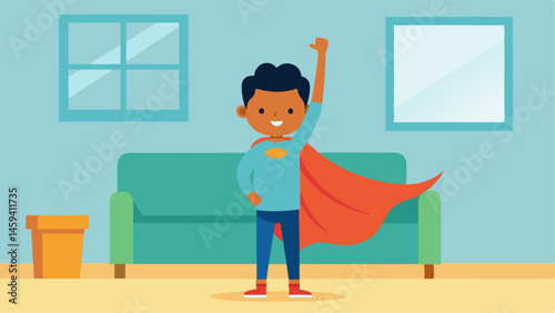Superhero Pose An enthusiastic child stands on the living room couch striking a superhero pose. They are wearing pajamas and a large towel secured around their neck. The child