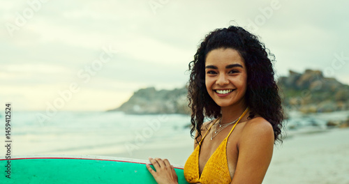 Photography Beach, woman and smile in portrait with surfboard, outdoor adventure and hobby in weekend holiday