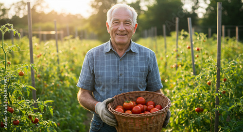 Senior man harvesting tomatoes in garden at sunset
