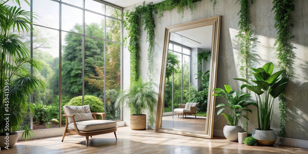 Fototapeta premium A serene and elegant interior with a large mirror reflecting a peaceful atmosphere, surrounded by lush greenery and soft natural light , peaceful ambiance, reflective light