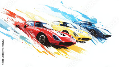 An eye-catching watercolor painting captures the thrill of a vintage car race, perfect for prints. A dynamic artwork perfect for t-shirts. photo
