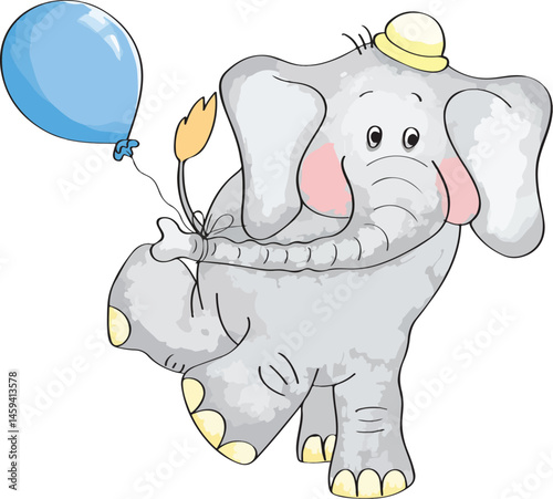 Cartoon cute elephant. Cute baby elephant with a balloon tied to its trunk.