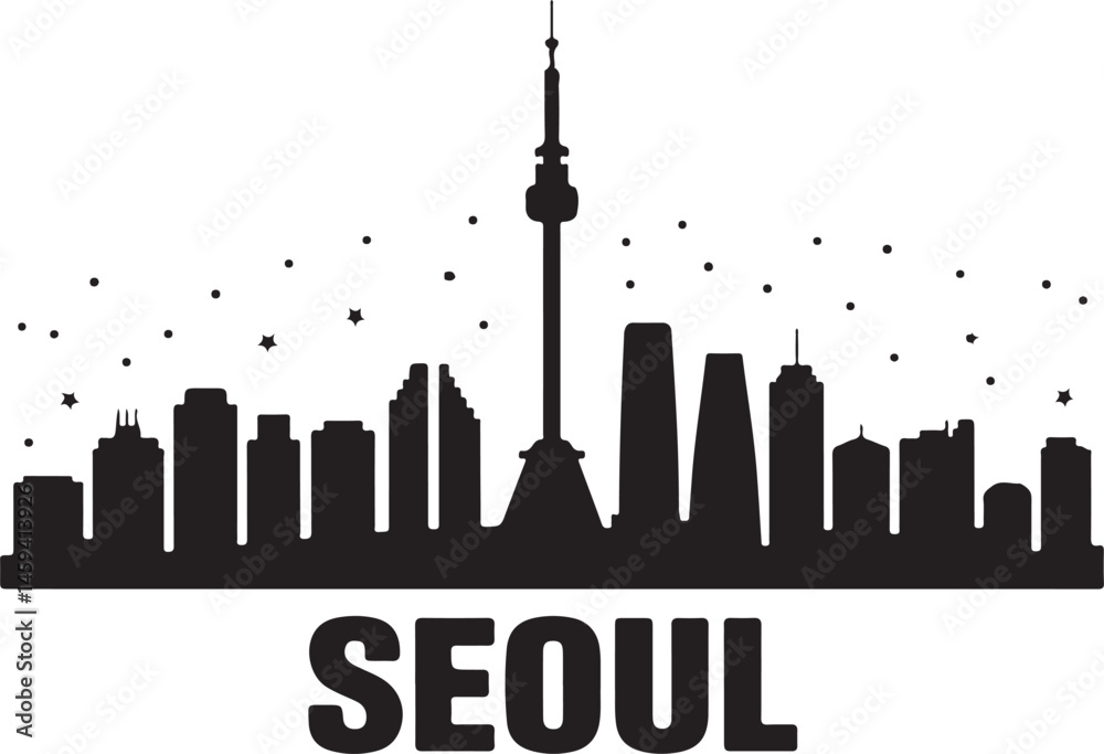 Obraz premium Seoul City Skyline SilhouetteTraditional Seoul Temple VectorN Seoul Tower Minimalist ArtSeoul at Night CityscapeKorean Architecture Silhouette Design