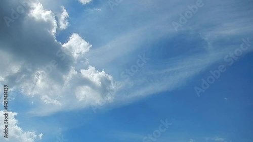 Natural peaceful blue sky background with slowly moving different types of white clouds Cirrus and Cumulus at different heights. Topics: cloudscape, weather, meteorology, beauty of nature, airspace