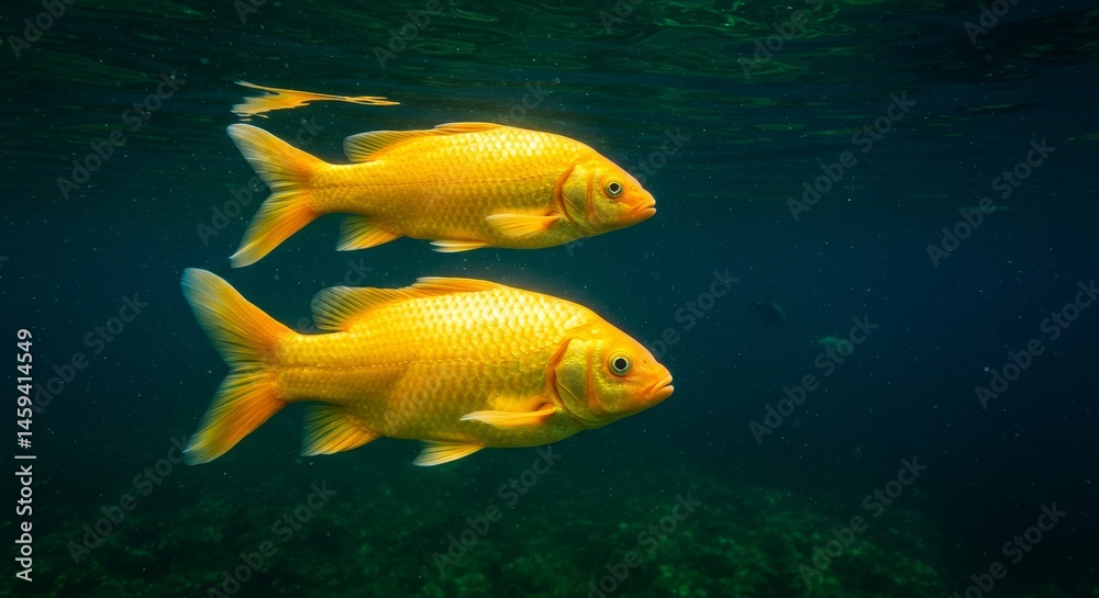 Naklejka premium Golden Fish Underwater Duo - Two vibrant golden fish swim gracefully underwater, creating a serene and captivating scene