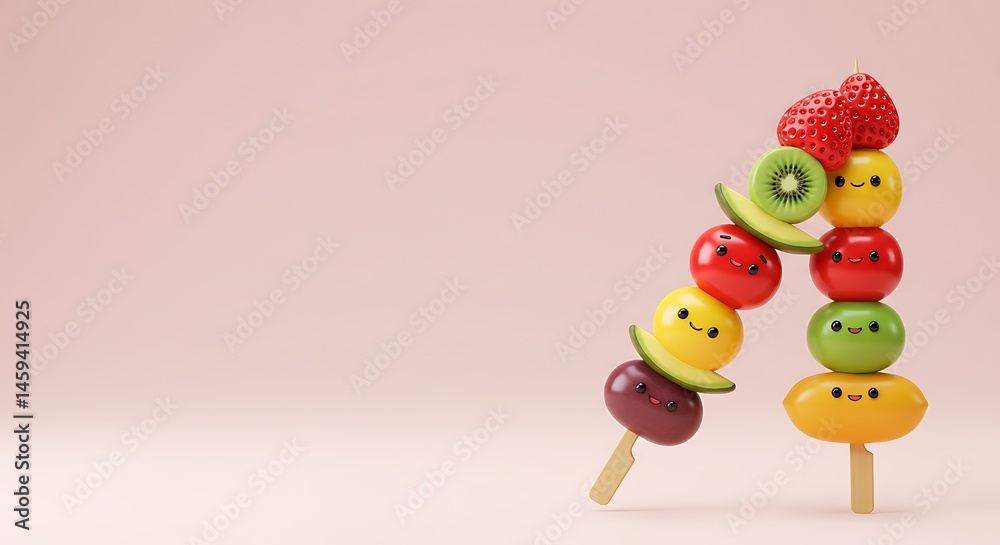 Naklejka premium cute cartoon illustration, create 3d fruit skewers on the right side against a pastel backdrop, with ample copy space on the left, capture in crystal clear style for photos
