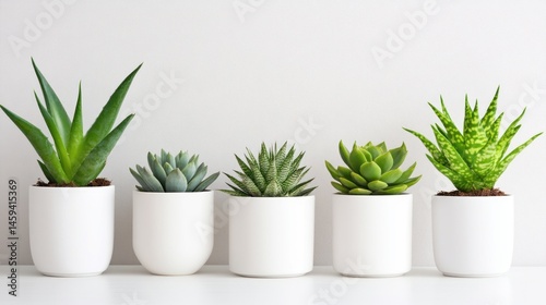 Five Succulents in White Pots Minimalist Home Decor