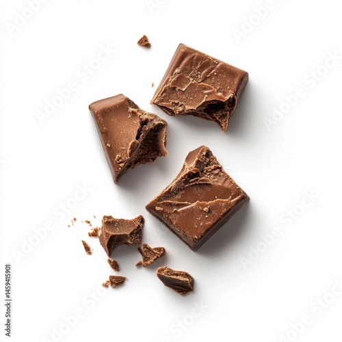 Broken milk chocolate bar pieces scattered on a white background.  A high angle close up view of several pieces, showing a smooth, dark brown surface and broken edges