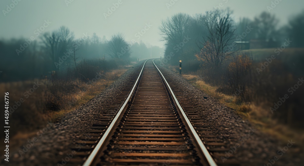 Fototapeta premium Railroad tracks stretching into the distance on a foggy day with trees lining the sides
