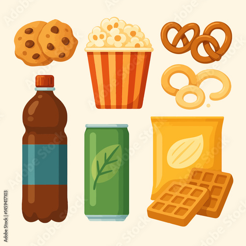 Arrangement of Snack Foods Including Cookies, Popcorn, and Waffles