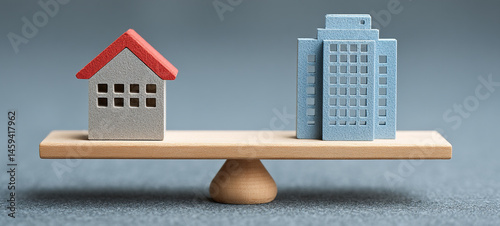 House building balance scale comparison real estate property investment equilibrium concept. wooden scale balances small house and tall building symbolizing real estate investment choices