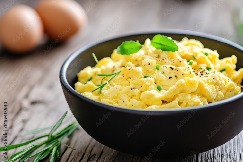 Scrambled eggs with herbs in bowl Scrambled eggs with herbs in bowl
