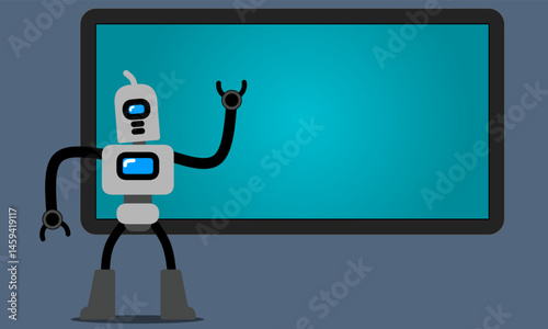 gray robot cartoon character vector design with board and monitor background