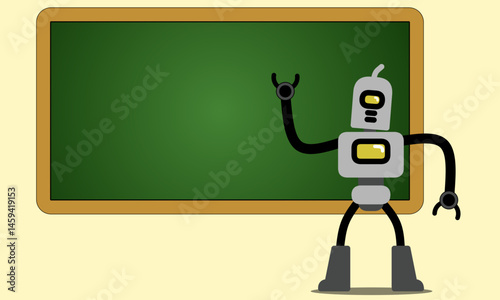robot with blackboard. Robot Instructor with Raised Hand Standing Beside a Green Chalkboard Ready for Text. Gray and Black Robot with Yellow Accents Teaching at an Empty Blackboard