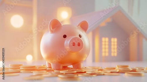 Piggy Bank with Coins and House Representing Savings