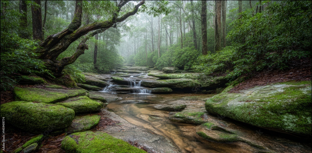 Obraz premium Misty Forest Stream with Mossy Rocks and Gentle Waterfall