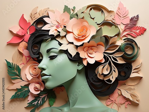 "AI-Generated Image of a Female Profile Silhouette with Flowers and Plants"