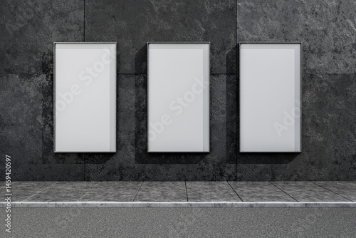 Fototapeta Naklejka Na Ścianę i Meble -  Vertical poster for your design. Wall space for your brand logo. Blank billboard on metal wall. Vertical billboard on city street wall during daytime. Blank advertising space on street wall. 3D render