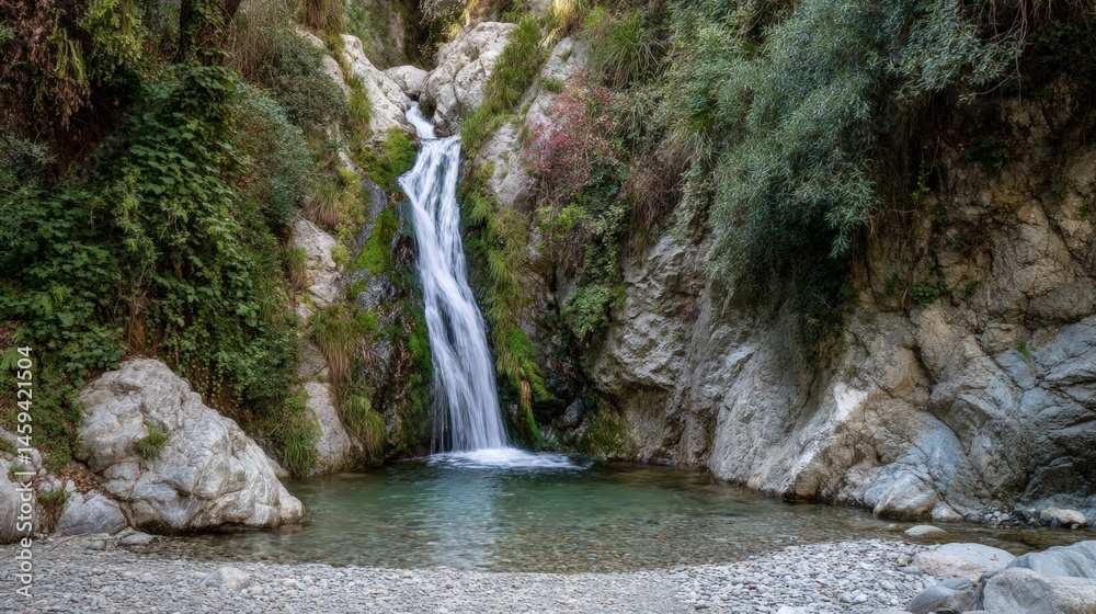 Fototapeta premium Serene Waterfall Cascading Into Stone Lined Pool