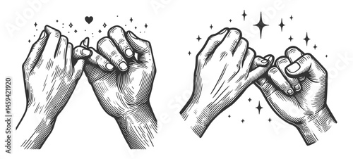 hands making a pinky promise Set collection bundle sketch engraving generative ai vector illustration. Scratch board imitation. Black and white image.