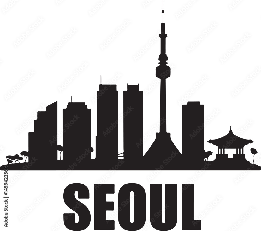 Naklejka premium Seoul City Skyline SilhouetteTraditional Seoul Temple VectorN Seoul Tower Minimalist ArtSeoul at Night CityscapeKorean Architecture Silhouette Design