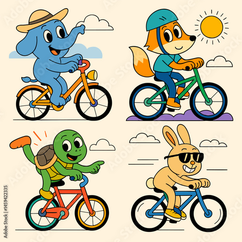 Cartoon Animals Riding Bicycles Having Fun Outdoor Adventure Illustration