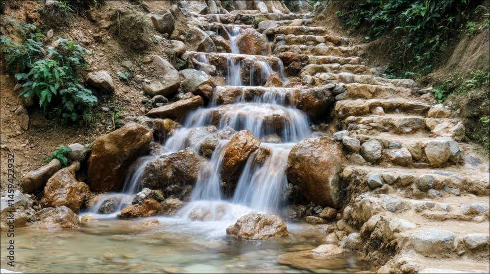 Fototapeta premium Tiered Waterfall Cascading Over Multilevel Rocks