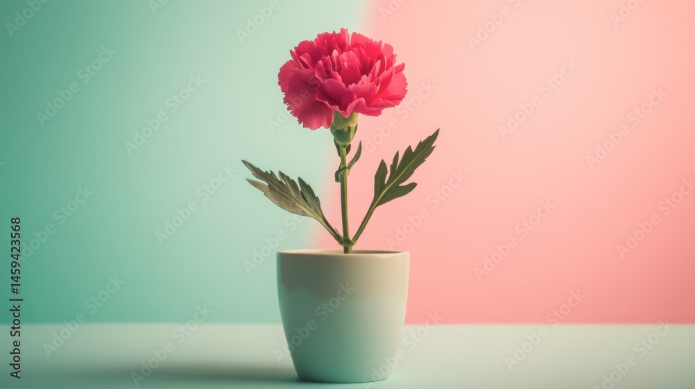Obraz premium A carnation in a minimalist ceramic vase on a pastel background.