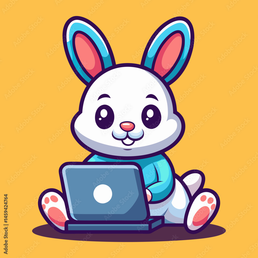Obraz premium Download Cute Rabbit Working On Laptop Cartoon Vector Icon Illustration Eps File For Design.