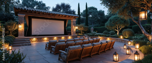 Luxurious outdoor home theater with comfortable seating arrangement under the starlit sky at twilight hour