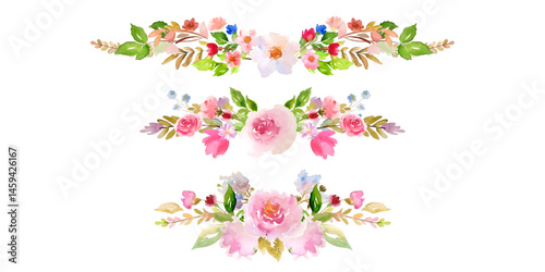 Collection of floral decorative elements in watercolour style in vector. Floral frames, dividers.