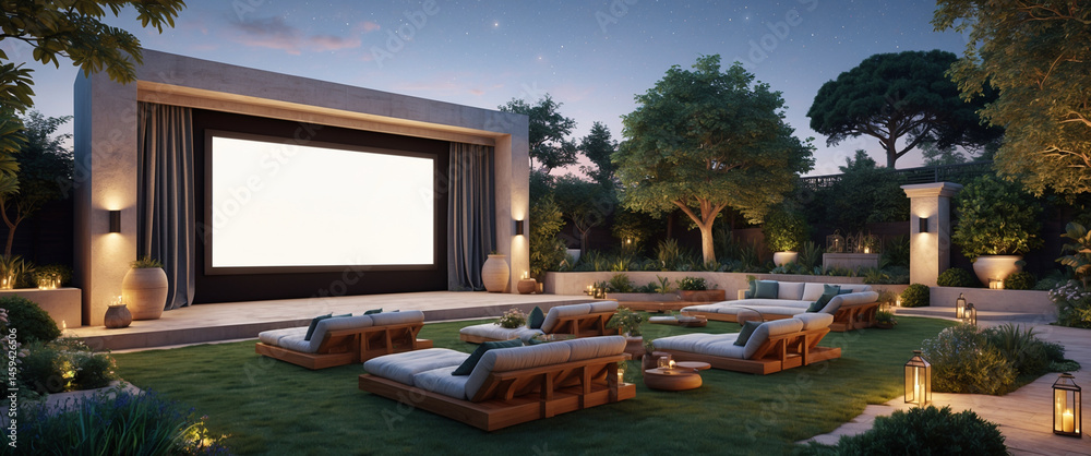 Fototapeta premium Luxurious outdoor cinema experience under a starry night with cozy loungers