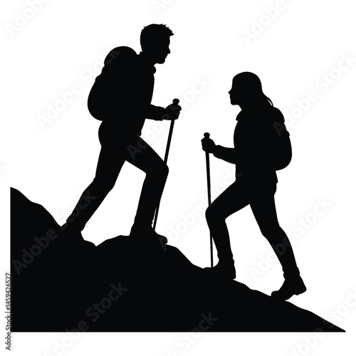 Hikers on a Sloping Terrain. lovers day, love affection Silhouette. vector illustration 