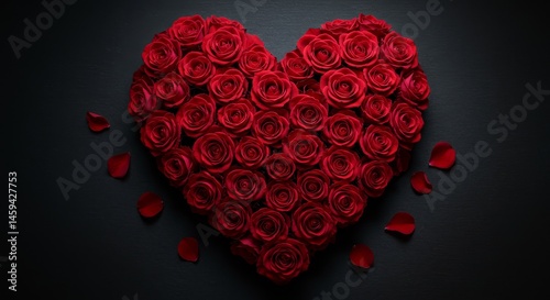 Heart of Red Roses - A heart shape crafted from numerous red roses, with scattered petals on a dark background. Romantic and passionate