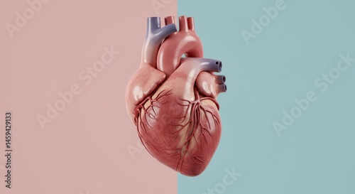 Human Heart Anatomy Pastel Background - A detailed 3D  of a human heart, isolated on a pastel pink and blue background. Symbolizing health, love, life, vitality, and circulatory system