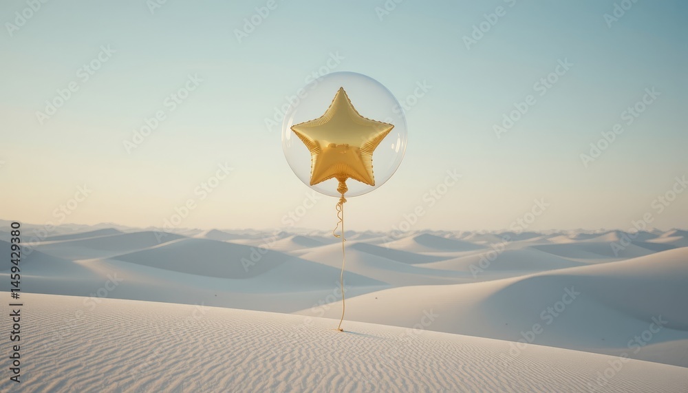 Fototapeta premium Star picket. Golden Star Balloon Floating Over White Sand Dunes Landscape