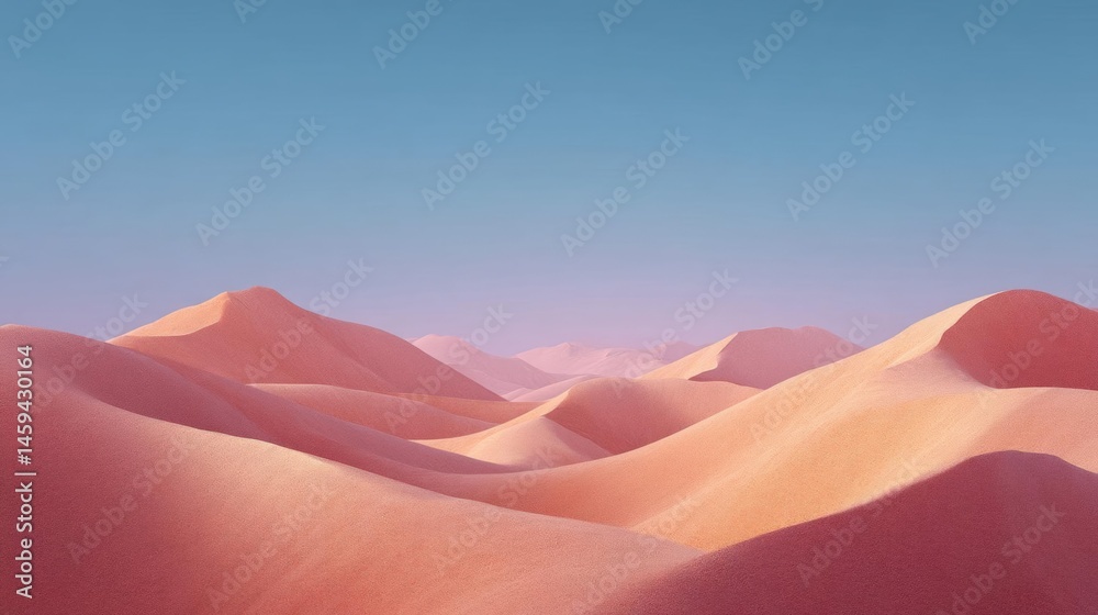 Naklejka premium Landscape photograph of a desert-like area with a clear blue sky in the background. the sky is a gradient of pink and orange hues, with the pink on the left side and the orange on the right side.