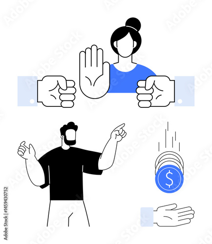 Female raising hand for caution, pointing man, blocking fists, catching coins in hand. Ideal for finance, teamwork, dispute resolution, business guidance, leadership negotiation simple landing page