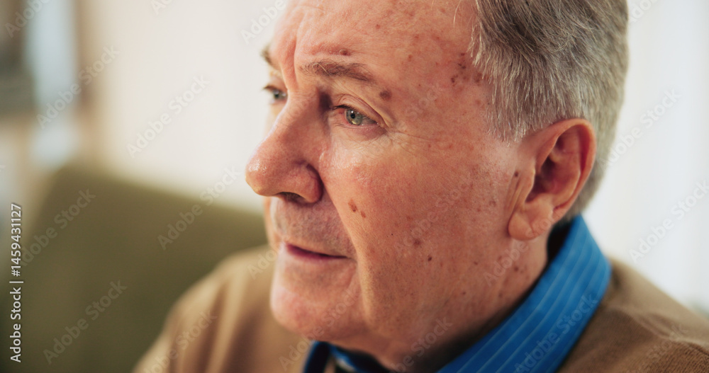 Obraz premium Thinking, regret and elderly man with anxiety in retirement home, living room or house with dementia. Stress, worried and lonely senior male person with Alzheimers, sad memory nostalgia or depression
