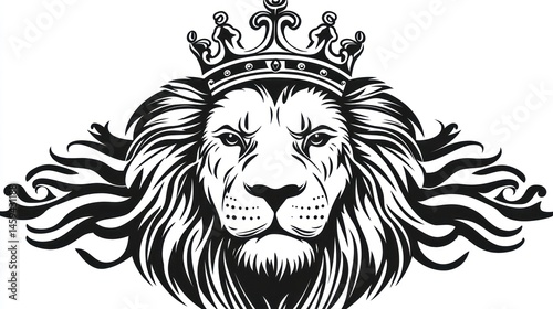 Majestic lion's head adorned with a crown, framed by stylized flames photo