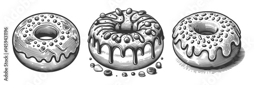 donuts with dripping icing and sprinkles set collection bundle sketch engraving generative ai vector illustration. Scratch board imitation. Black and white image.