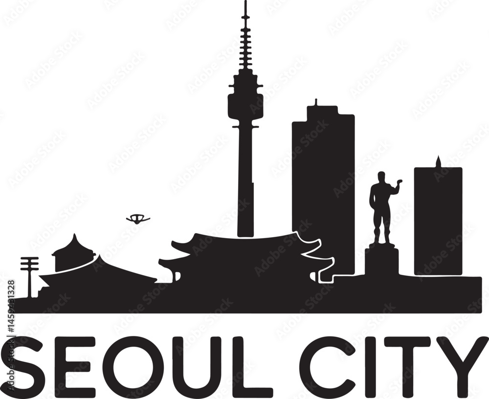 Naklejka premium Seoul City Skyline SilhouetteTraditional Seoul Temple VectorN Seoul Tower Minimalist ArtSeoul at Night CityscapeKorean Architecture Silhouette Design