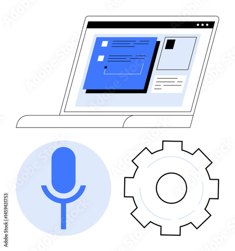 Laptop displaying interface with blue voice control panel, microphone icon for speech recognition, and gear icon for settings. Ideal for app development, AI, tech solutions, voice technology, UX