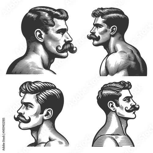 Mustached Men Set collection bundle sketch engraving generative ai vector illustration. Scratch board imitation. Black and white image.