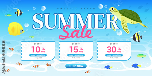 Summer Sale Coupon promotion vector illustration. Under the sea background