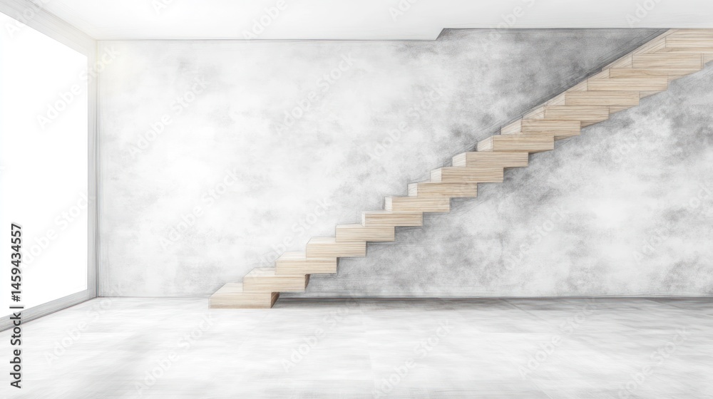 Obraz premium Modern minimalist wooden staircase design neutral colors concrete wall