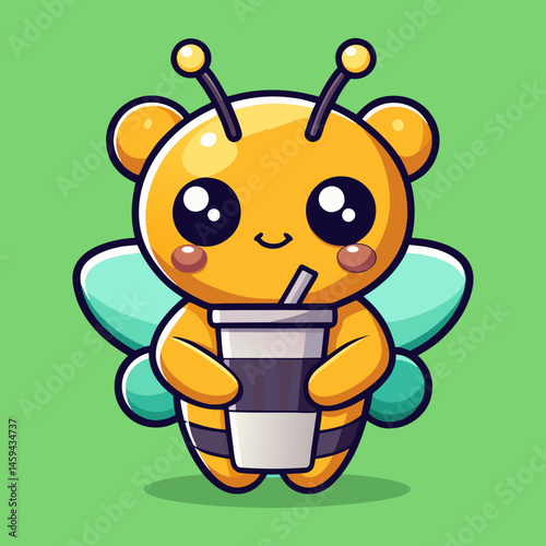 Download Cute Bee Holding Boba Milk Tea Drink Cartoon Vector Icon Illustration Eps File For Design.